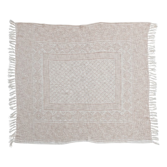 Bloomingville Ivory and Putty Orange Cotton Slub Throw Blanket with Pattern and Tassels